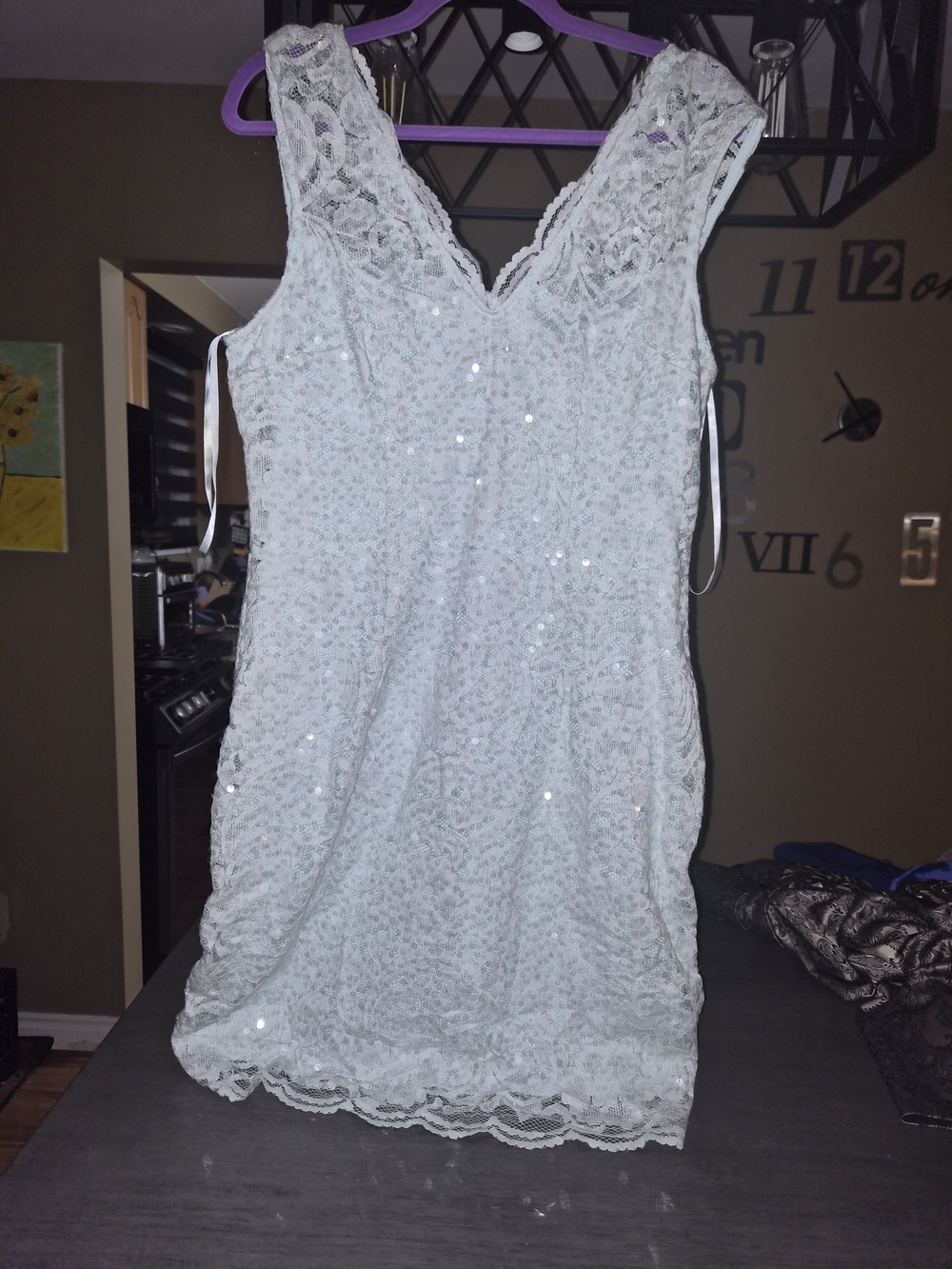 le chateau White Lace Sequin V-Neck Chemise